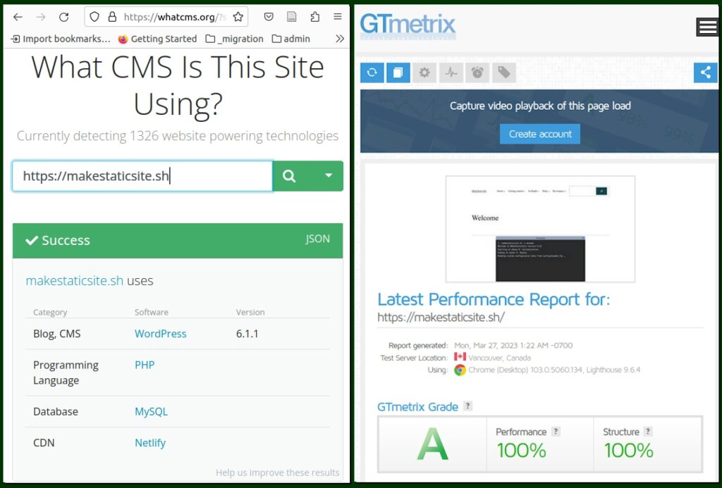 Makestaticsite website analysis: What CMS indicates a WordPress site hosted on Netlify CDN, whilst GTmetrix indicates Grade 'A' with 100% for both performance and structure.