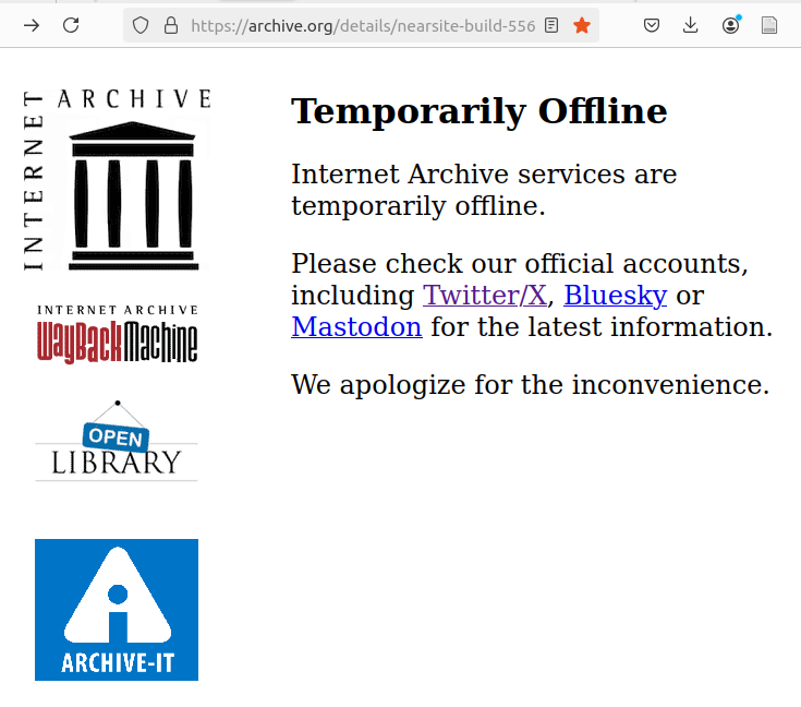 Following the security breach, Internet Archive hosted this maintenance message with links to accounts on Twitter/X, Bluesky and Mastodon for latest info.