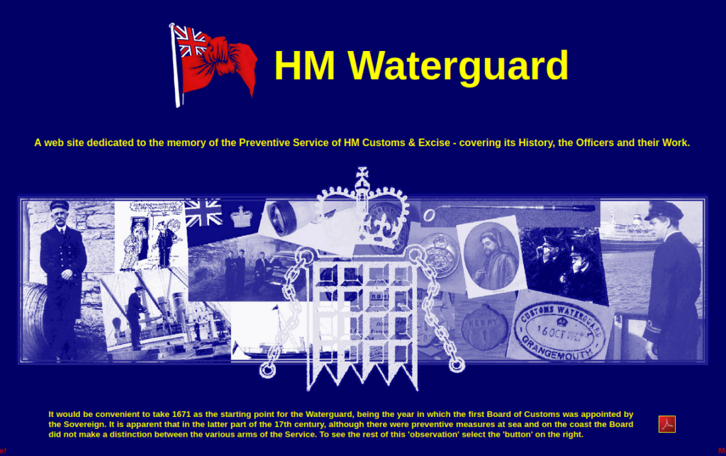 Screenshot of the home page of the HM Waterguard website, featuring its flag in the title and a composite image of various historical photographs.