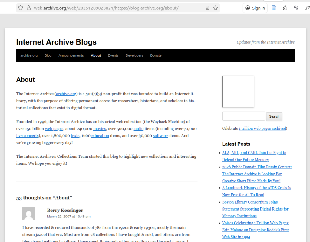 Screenshot of the Internet Archive's Wayback Machine rendering of its own Internet Archive blog 'about' page.