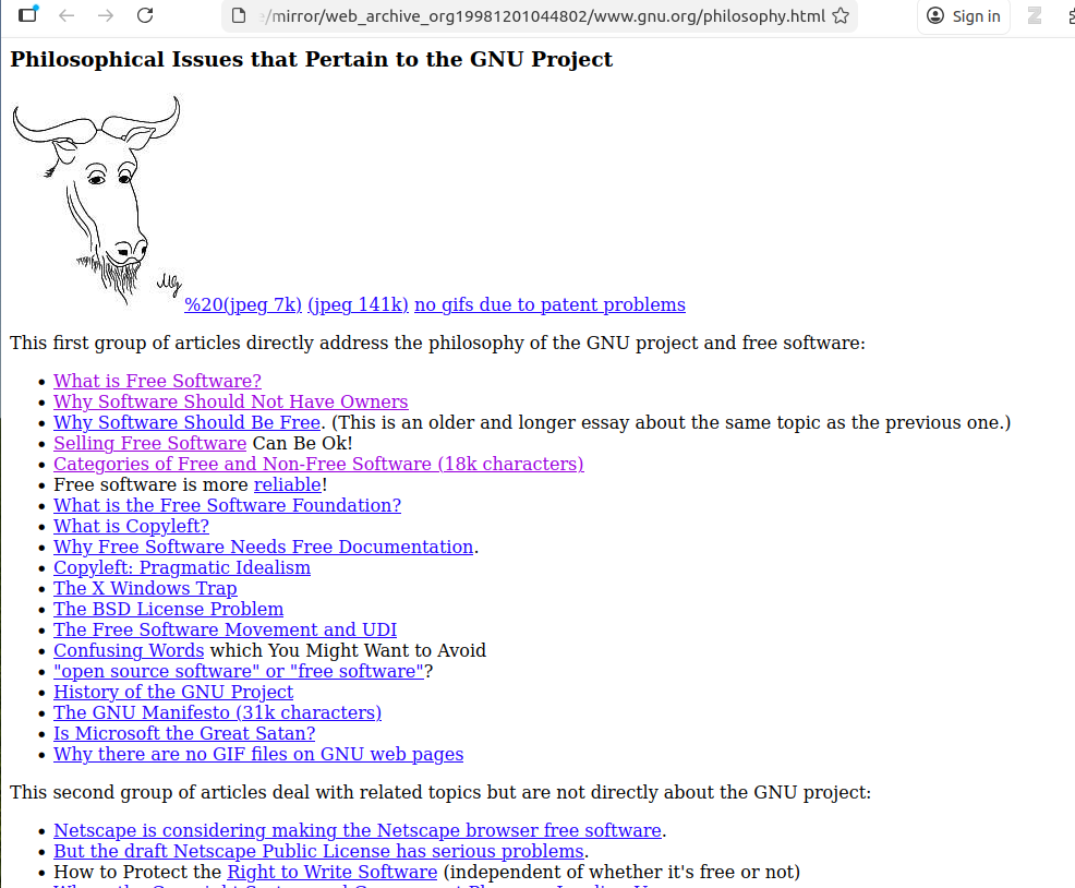 Screenshot of MakeStaticSite's copy of Internet Archive's Wayback Machine for GNU Project Philosophical Issues web page.