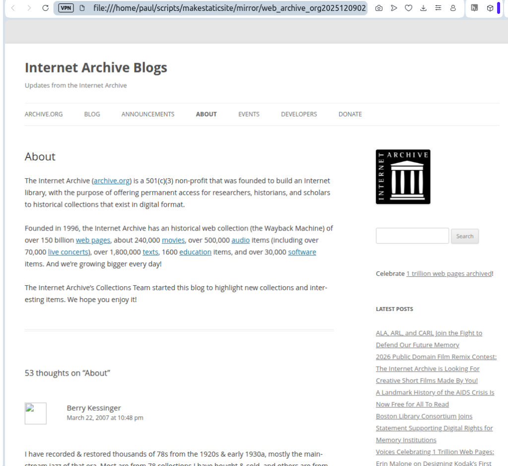 Screenshot of MakeStaticSite's capture of the Internet Archive's Wayback Machine rendering of its own Internet Archive blog 'about' page.