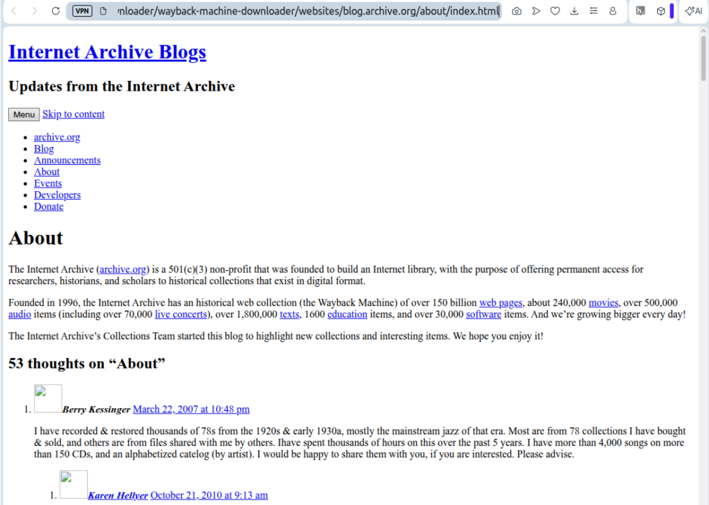 Screenshot of Wayback Machine Downloader JS's capture of the Internet Archive's Wayback Machine rendering of its own Internet Archive blog 'about' page.