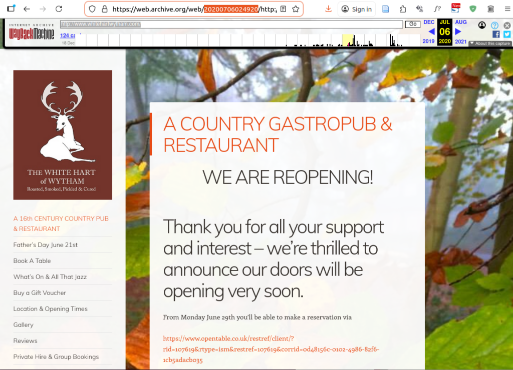 Screenshot of Internet Archive's Wayback Machine rendering of the home page for The White Hart of Wytham.